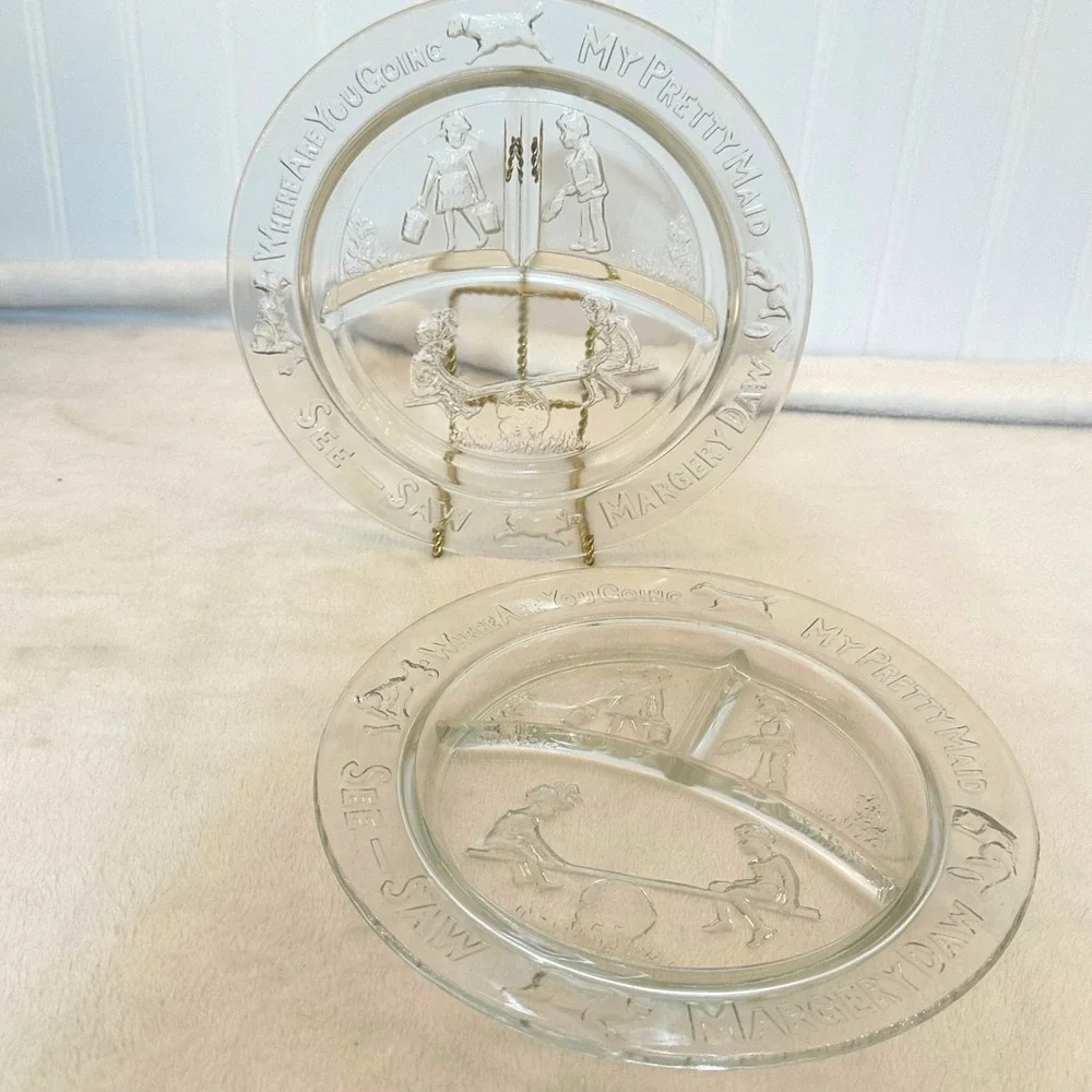 Vintage Nursery Rhyme Divided Glass Plates Set-2 Clear 8.5in Excellent Embossed